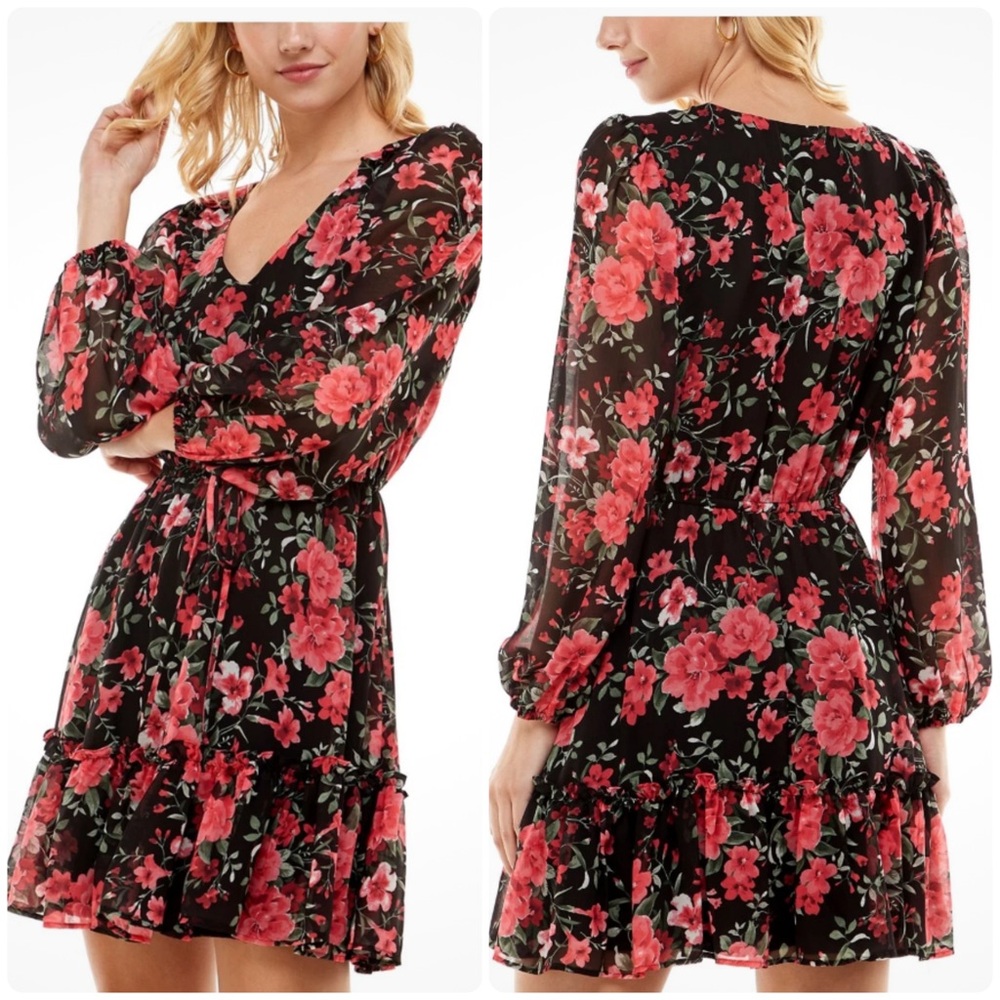 Crystal Doll Rose Floral Flounced Ruffle Mini Dress
